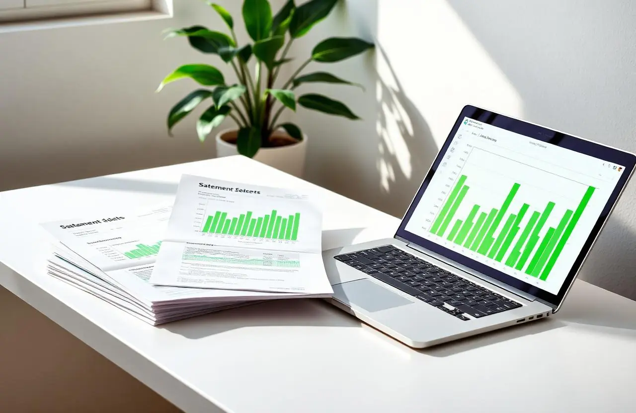 Three months of statements fanned beside a laptop showing green revenue bars