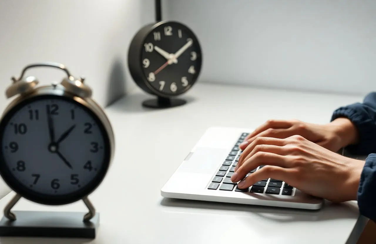 Hands typing quickly on a laptop beside a desk clock, suggesting a fast approval