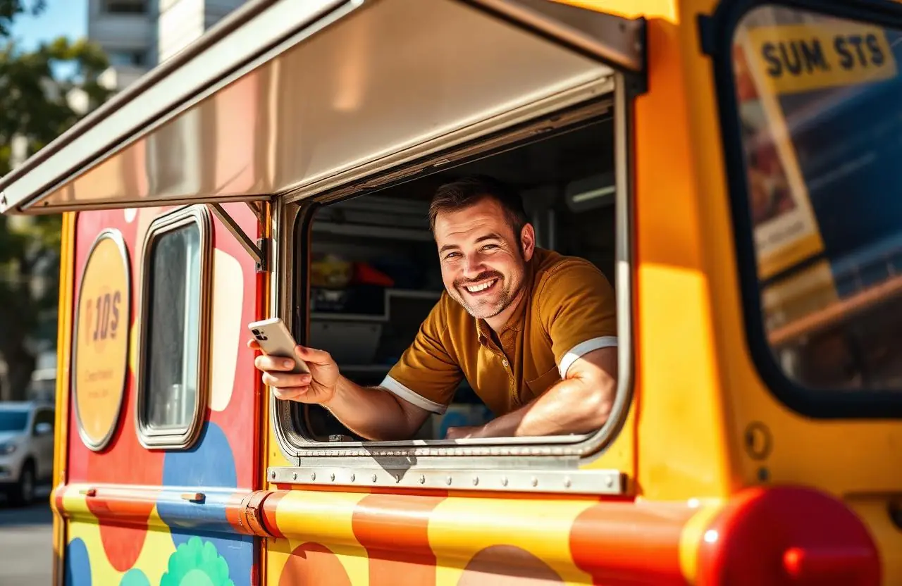 Food truck owner leaning out of the service window smiling at his phone