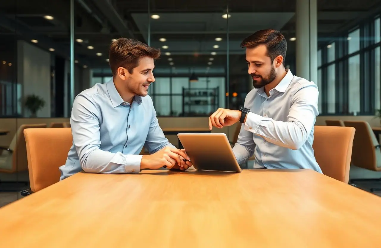Funding advisor and business owner reviewing a credit line on a tablet across a table