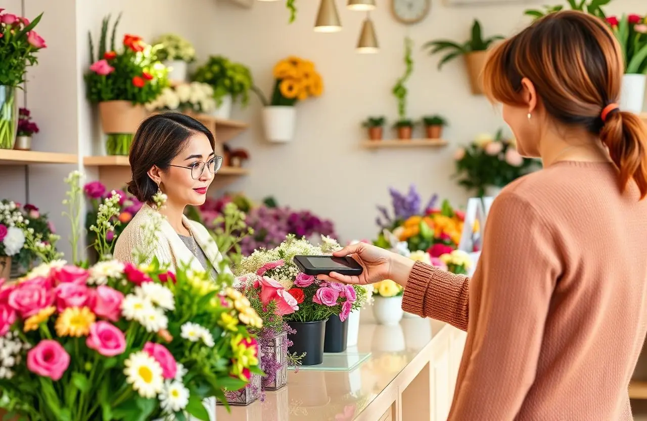 Florist shop owner taking a tap card payment at a counter full of fresh flowers