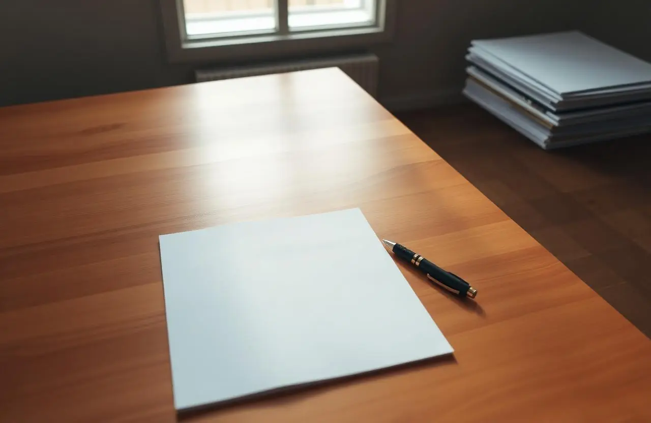 A single sheet of paper and a pen on a warm wood desk beside a stack of documents