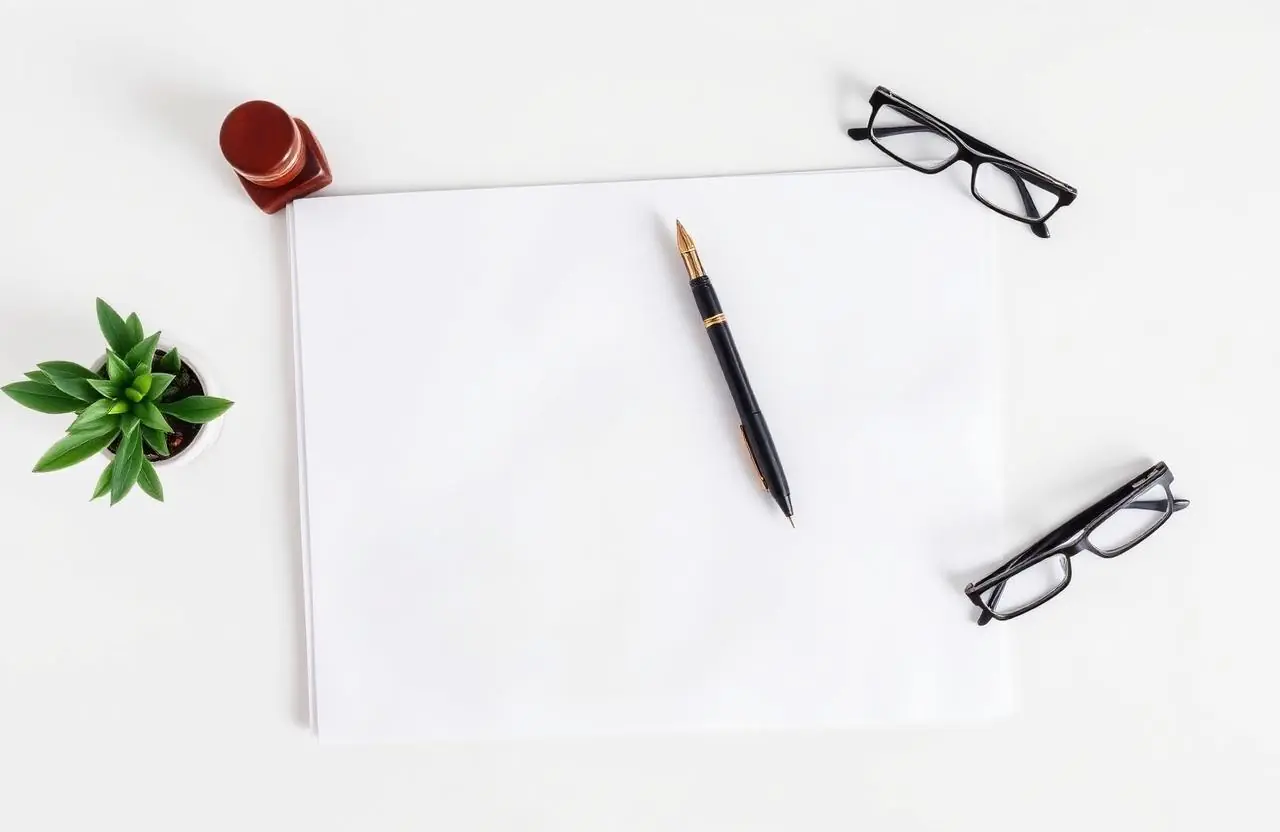 LLC formation folder, notary stamp and pen arranged on a bright white desk
