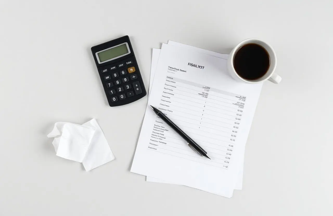 Financial statement pages, calculator and coffee on a desk with tax paperwork set aside