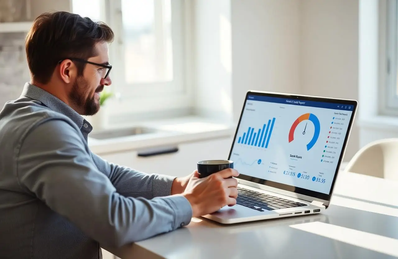 Business owner at a bright kitchen table reviewing a personal credit dashboard on a laptop