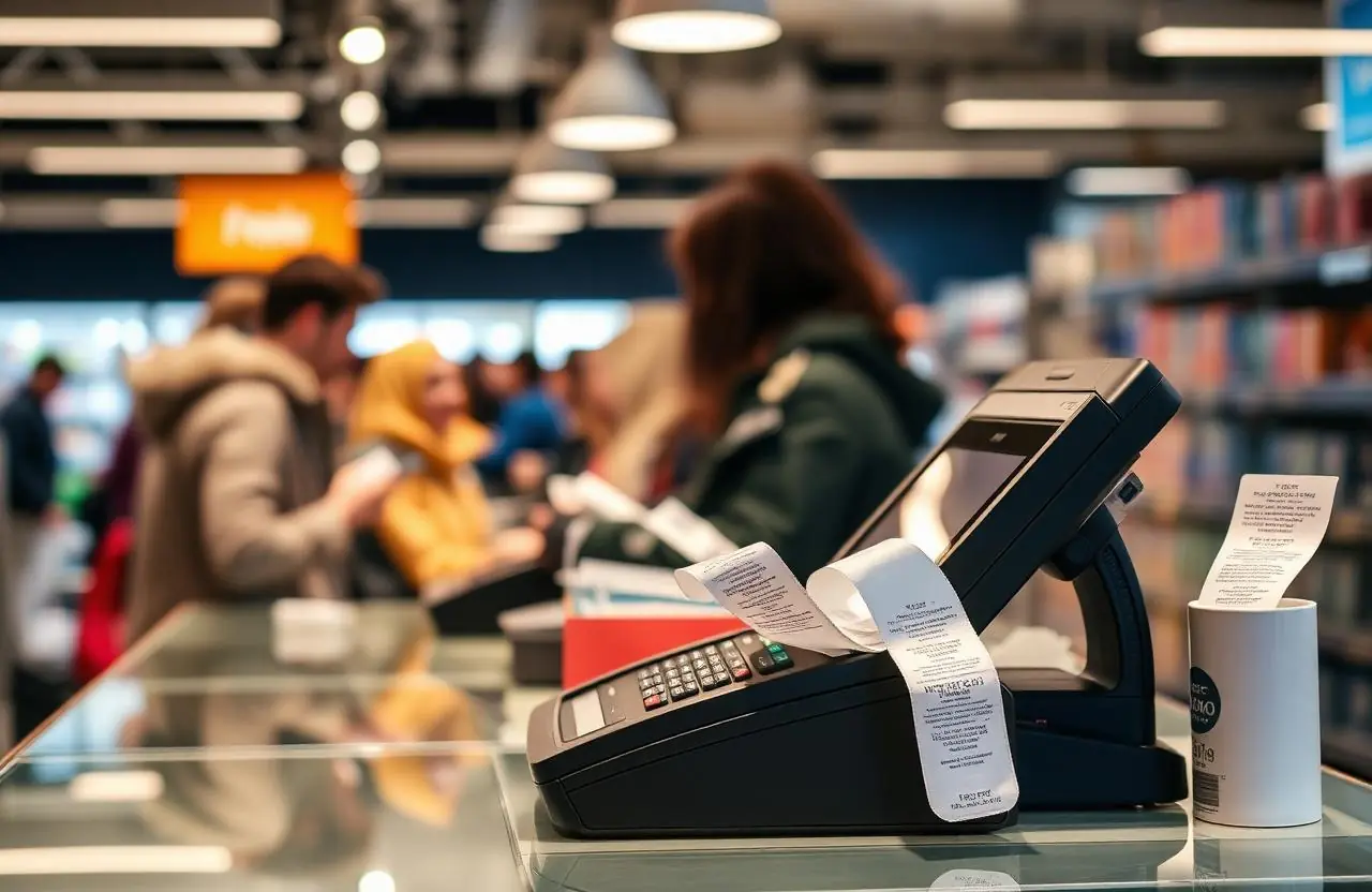 Busy retail checkout counter with a card terminal and receipts, customers queuing behind