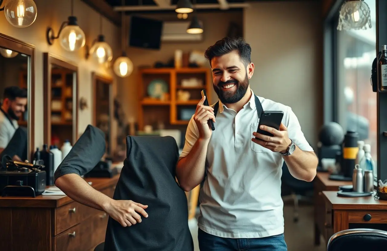 Barbershop owner beside his chair checking a same day funding approval on his phone