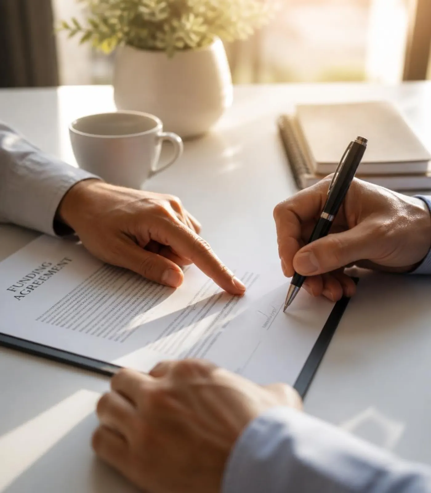Two people signing a small business funding agreement at a sunlit desk