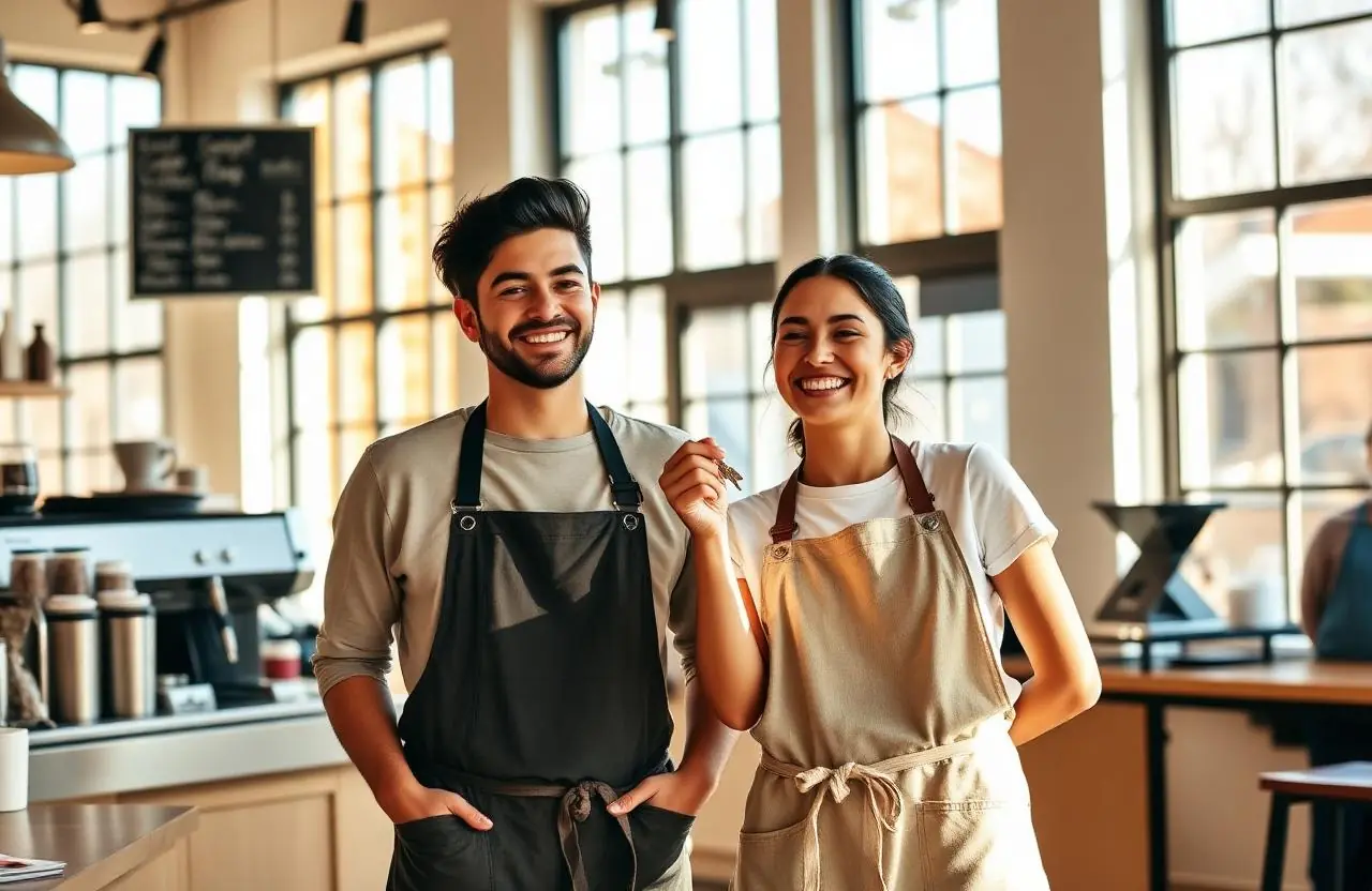 Two startup co-founders in aprons celebrating opening day in their new coffee shop