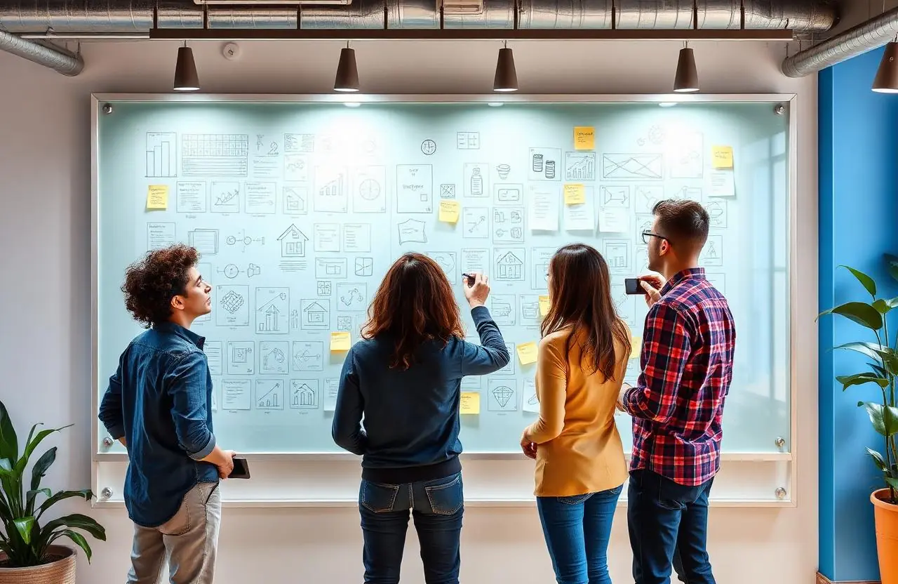 Startup team planning growth at a glass whiteboard in a bright loft office