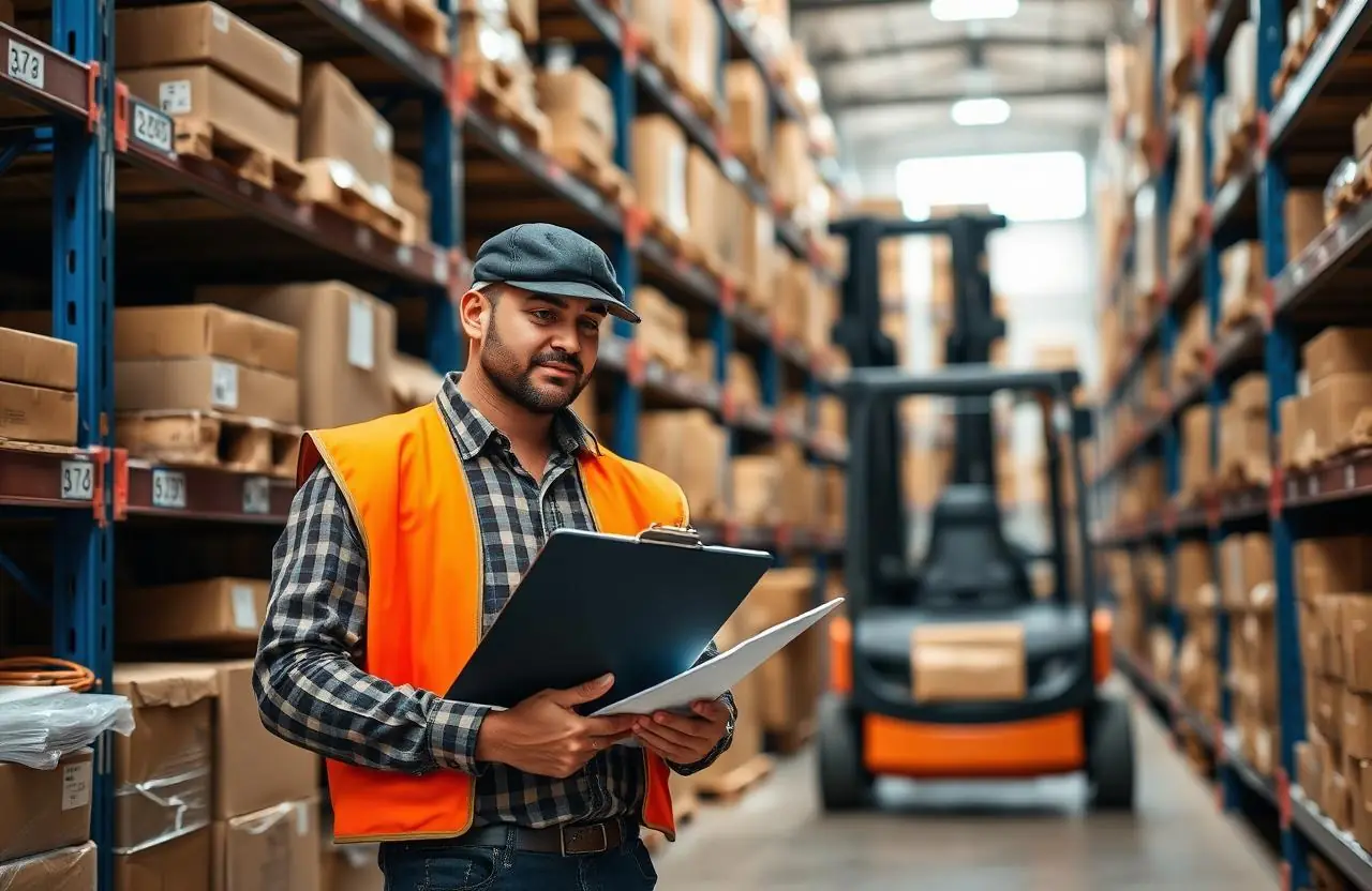 Warehouse owner with a clipboard checking stocked inventory shelves